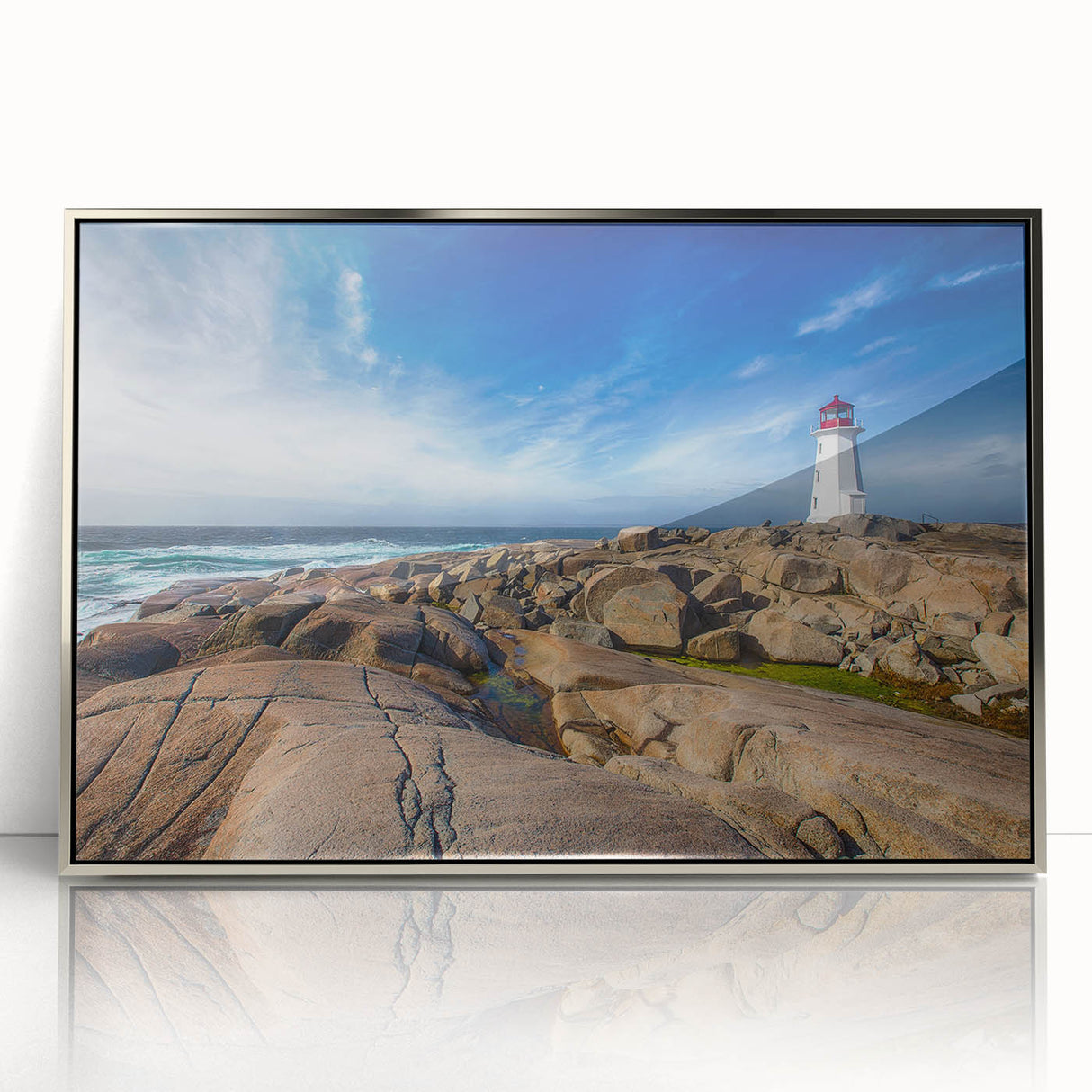 Mid-century modernist art depicting Nova Scotia scenery in muted earth tones on a framed acrylic print.