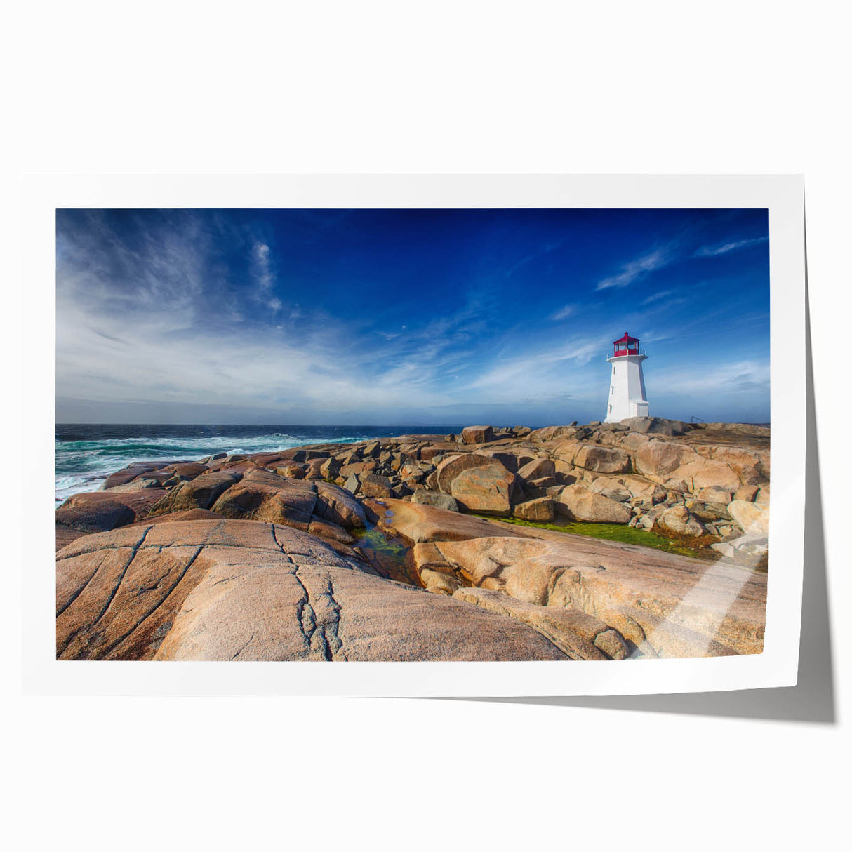 Rolled print of Nova Scotia scenery in soft blue and green tones, ideal for art wall dining room.