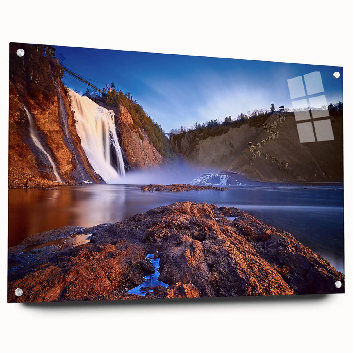 Acrylic print of a large abstract depiction of Quebec scenery, featuring cool blue and green tones.