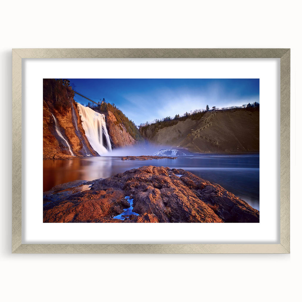 Textured abstract art print of a Quebec scenery in muted earth tones, framed in silver, ideal for bedroom art.