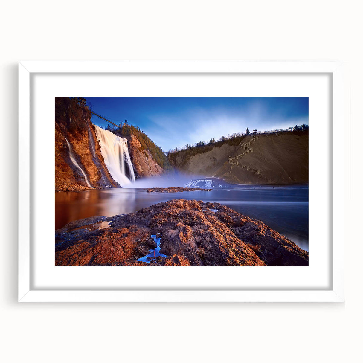 Abstract art print of Quebec scenery in muted earth tones on a white framed canvas, ideal for dining room decor.