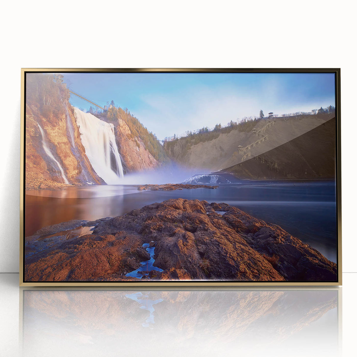 Mid-century modernist style large art print of Quebec scenery in gold framed acrylic, suitable for modern art wall decor.