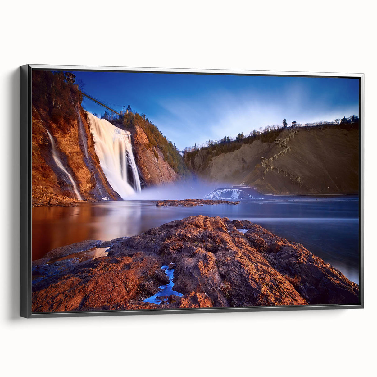 Black and white framed canvas of a vintage Quebec landscape, ideal for bedroom wall art.