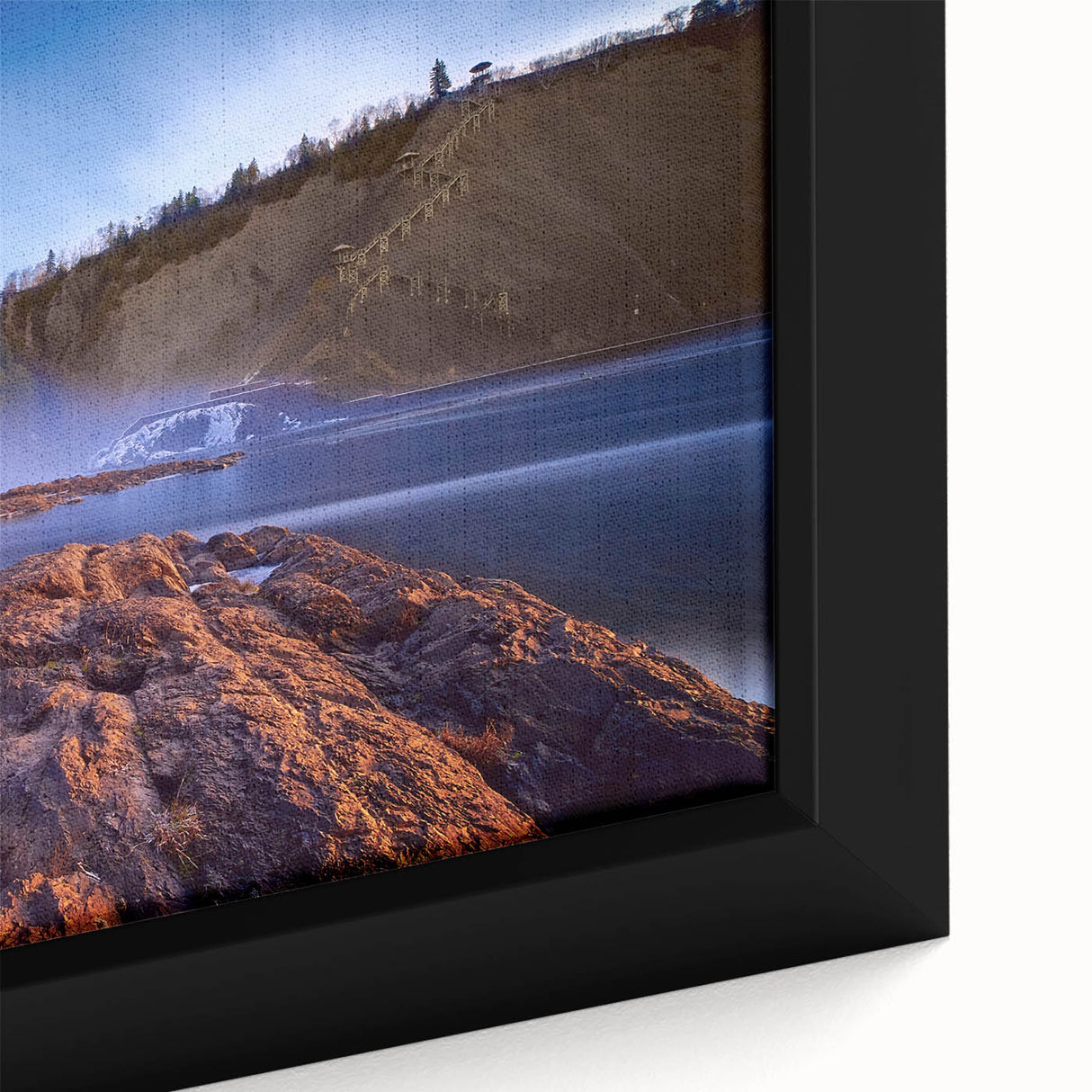 Extra large framed canvas of a textured black wall art depicting colorful Quebec scenery, ideal for living room decor.