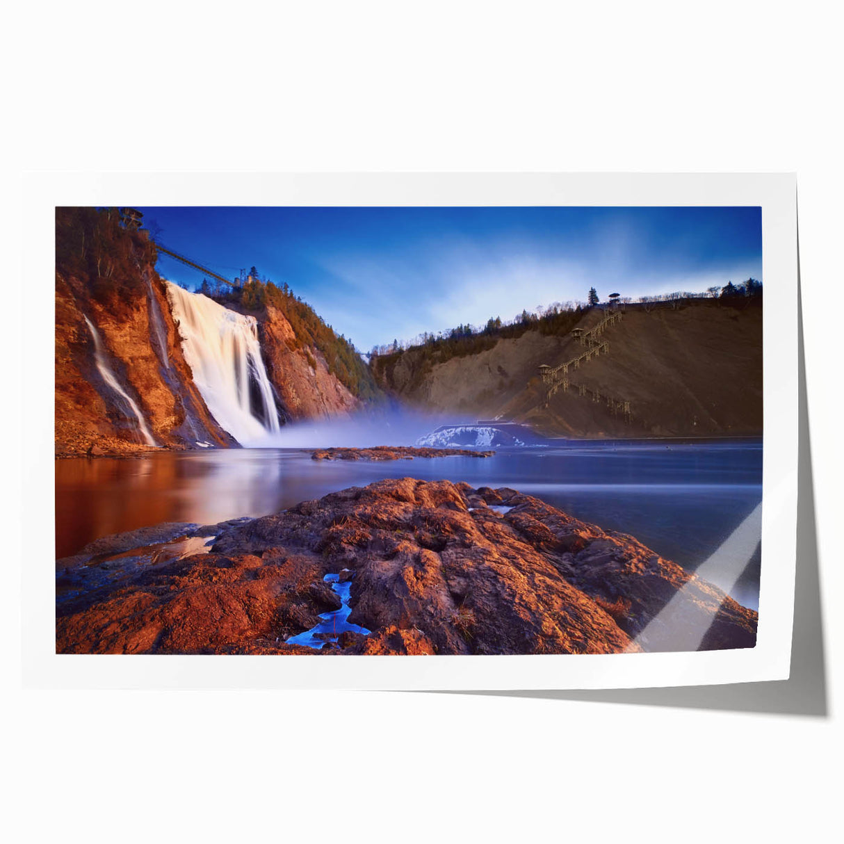 Rolled canvas print of Quebec scenery featuring vivid green and blue tones, ideal for art wall dining room.