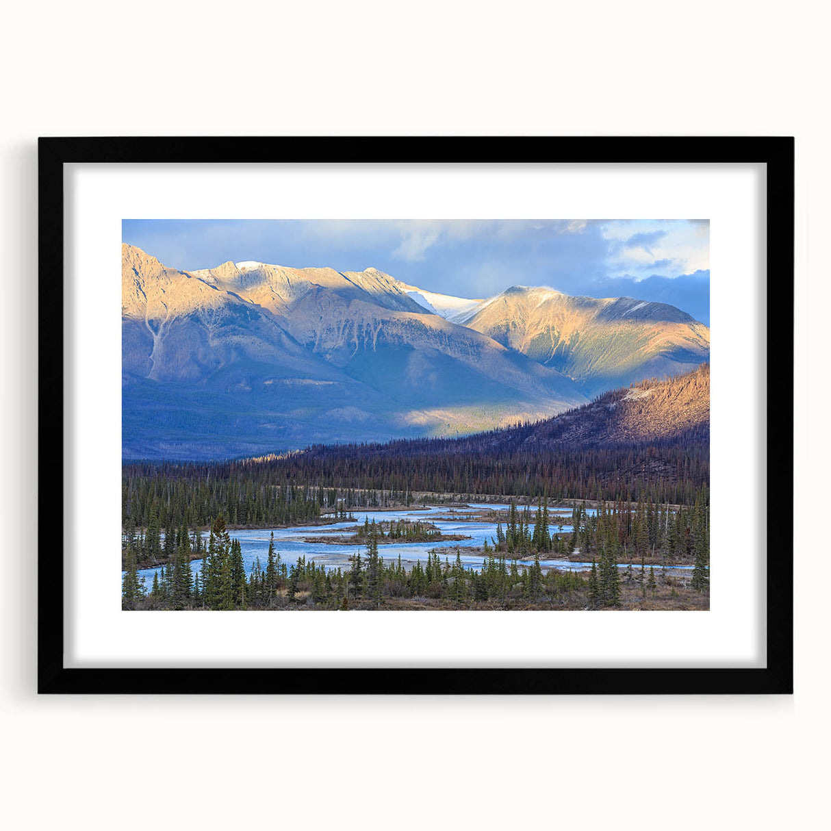 Extra large abstract art print of vibrant, textured Canadian scenery on a black-framed mat, ideal for living room decor.