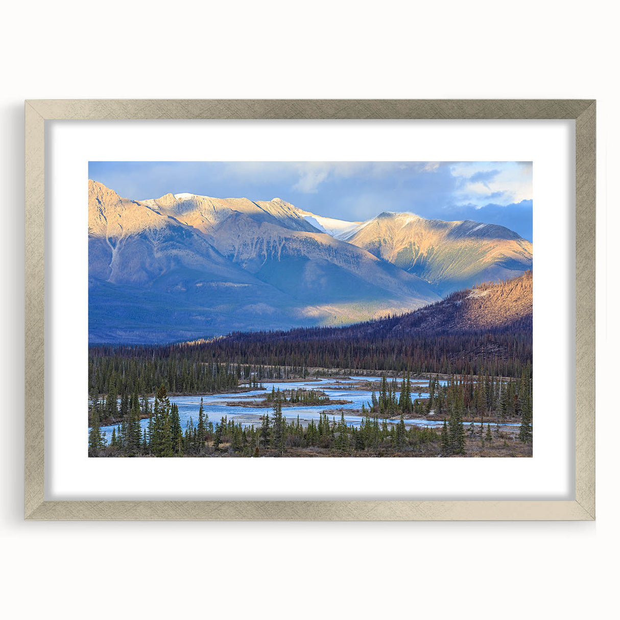 Textured abstract art print of Saskatchewan scenery in muted earth tones, framed in silver, suitable for bedroom decor.