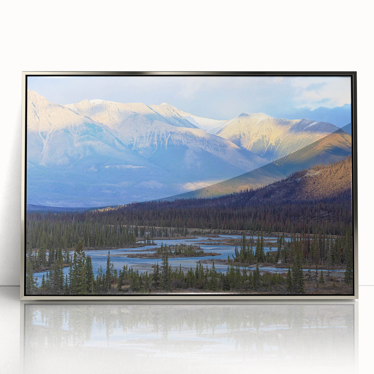 Mid-century modernist art depicting a serene Saskatchewan landscape in muted earth tones on a silver-framed acrylic print.