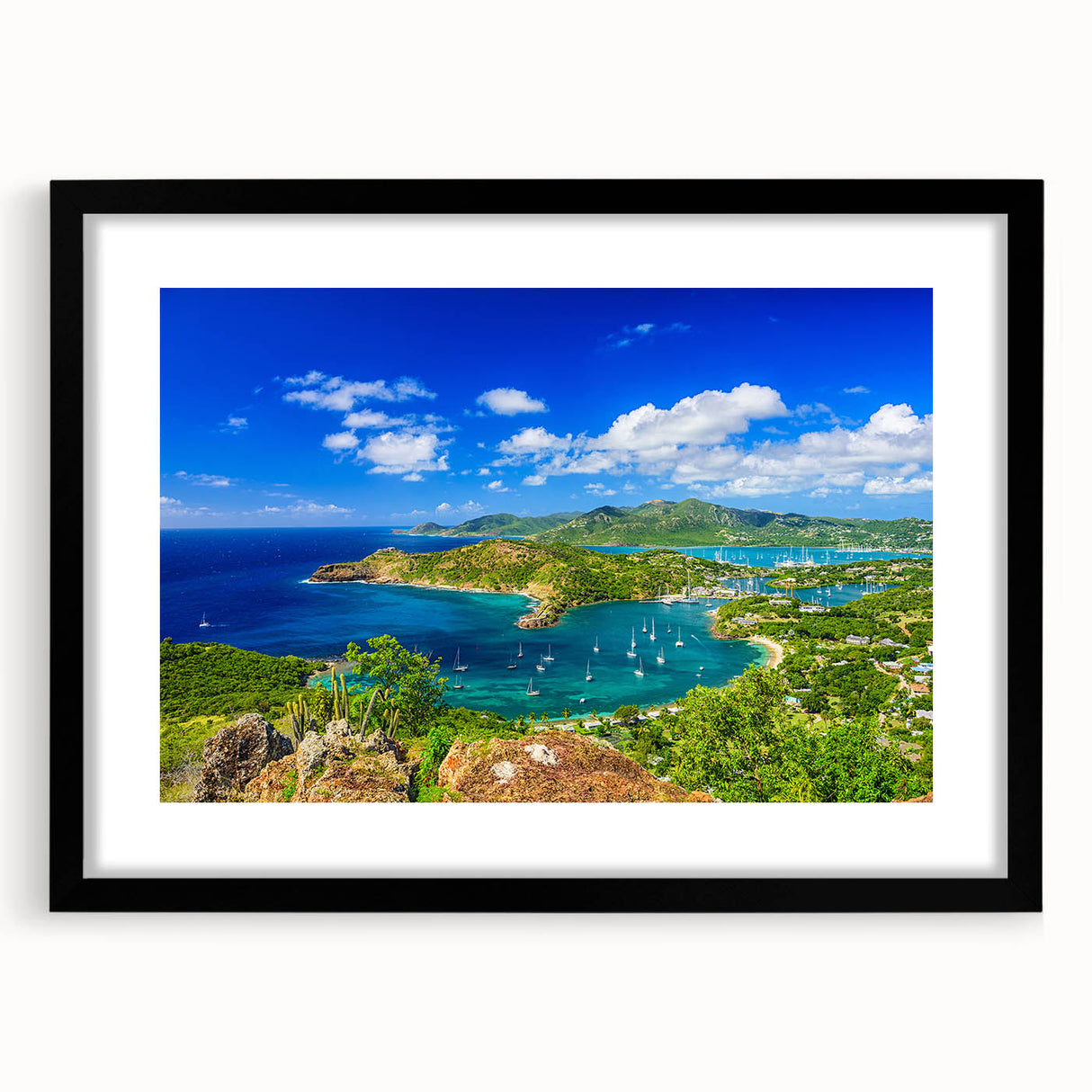 Colorful abstract art print of Caribbean scenery on textured canvas, framed in black, ideal for living room decor.