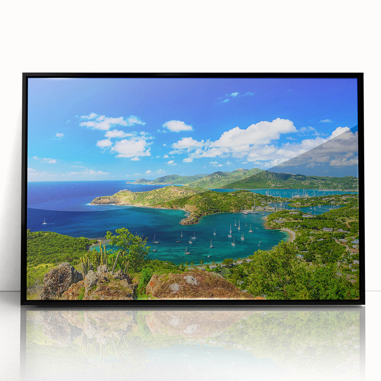 Large abstract wall art depicting a Caribbean scenery on a framed acrylic print, with vibrant ocean blues and lush greens.