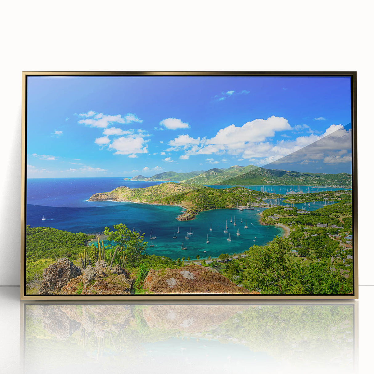 Art deco poster depicting a Caribbean Antigua scenery in muted blue and gold tones, acrylic framed.