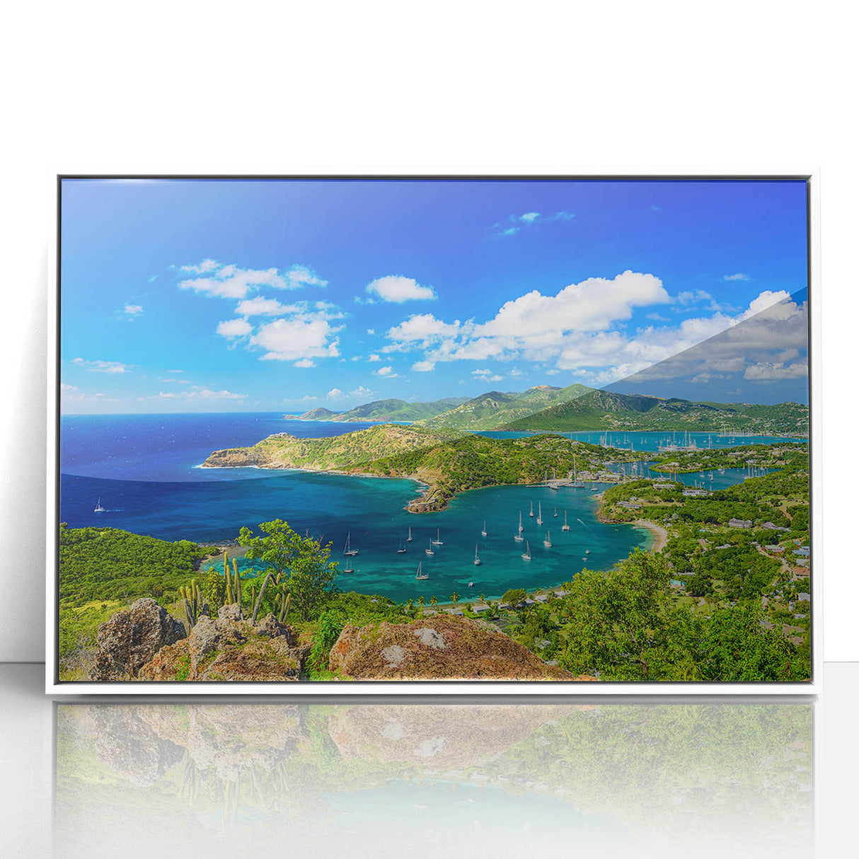 Mid-century modernist art depicting a Caribbean scenery on a white framed acrylic, with pastel blue and green tones.