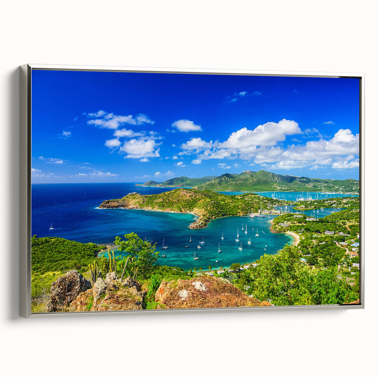 Framed canvas depicting a vintage Caribbean landscape in vibrant colors, ideal for enhancing a living room or study.