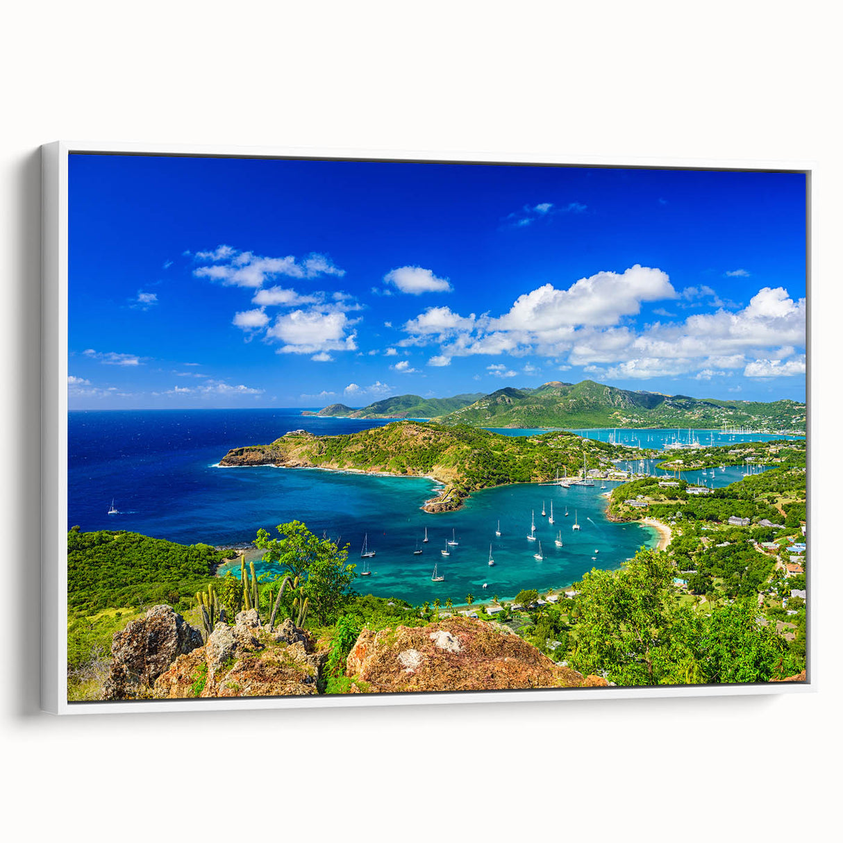 Vintage poster art of a Caribbean scene in vibrant colors on a large framed canvas, ideal for living room decor.
