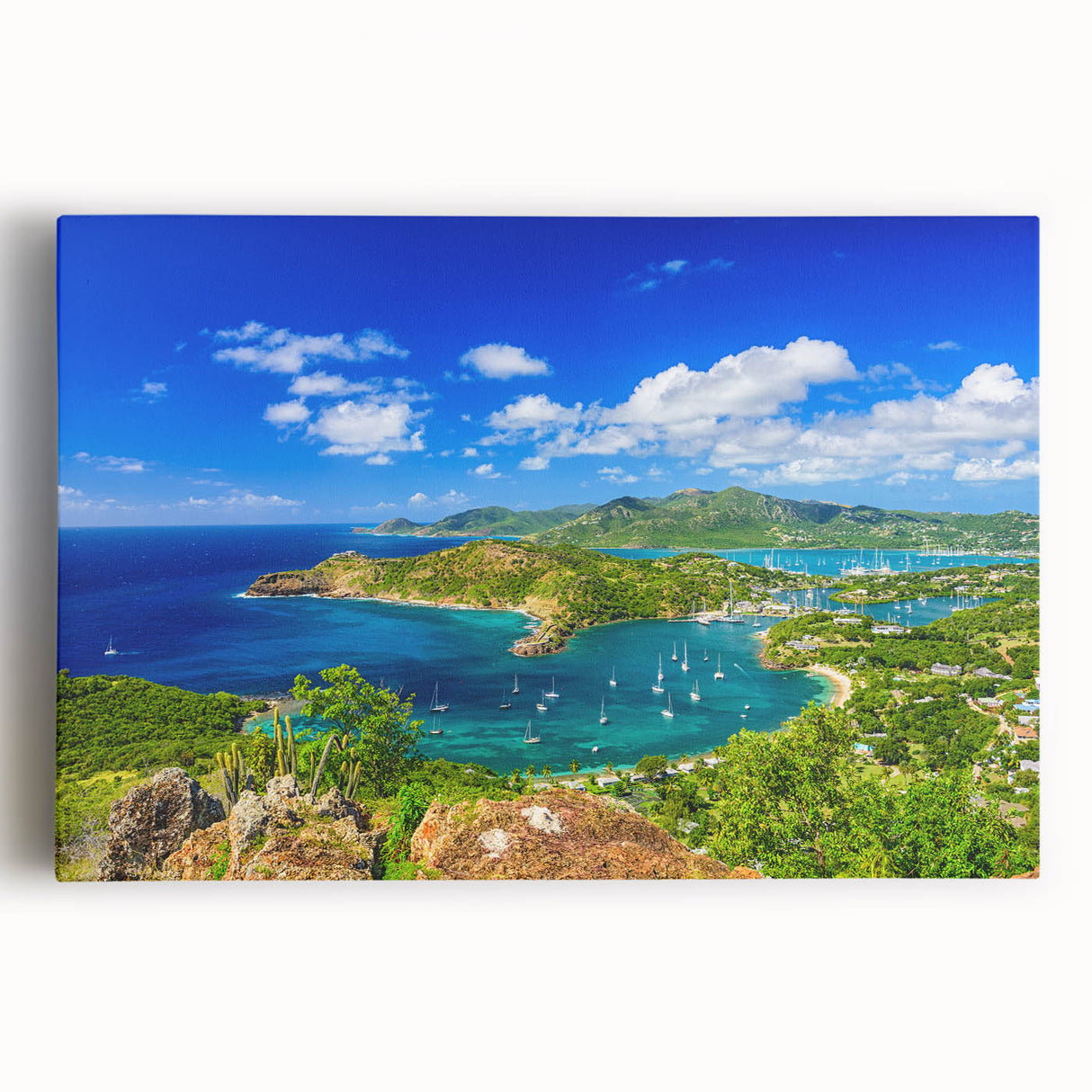 Black and white photograph of Antigua beach on stretched canvas, ideal for kitchen wall art.