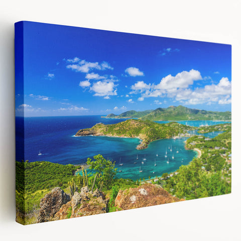 Caribbean beach scene on large stretched canvas, featuring vibrant blue and turquoise waters, ideal for kitchen wall art.