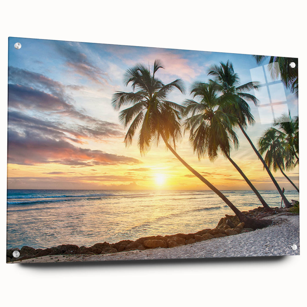 Acrylic print of a Caribbean Barbados scenery in vibrant blue and green tones, ideal for bedroom or dining room decor.