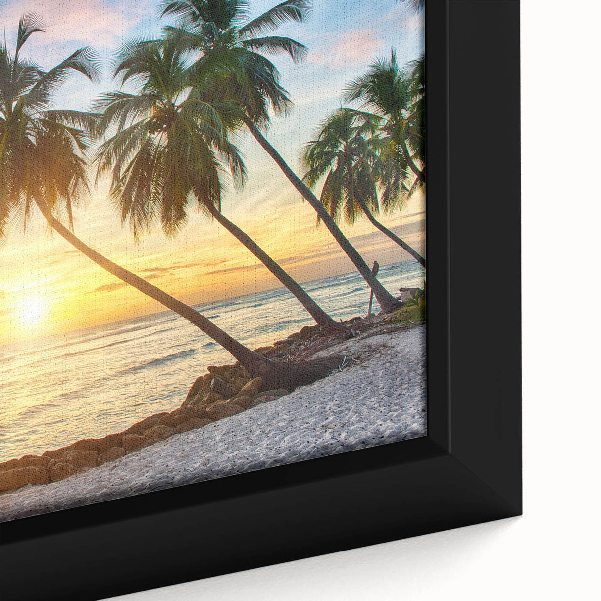 Extra large framed canvas depicting a textured Caribbean scenery in black with vibrant colorful accents.