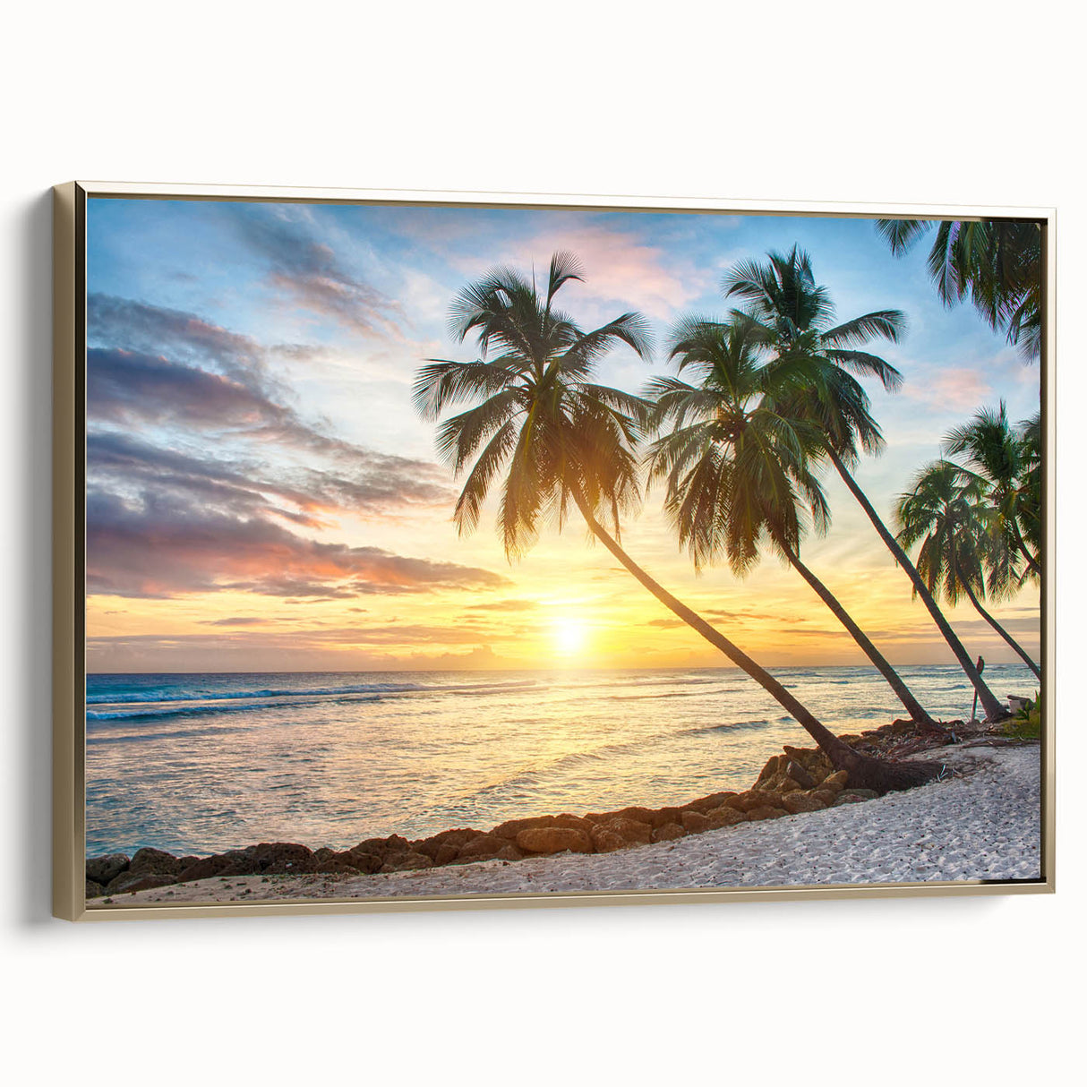 Framed canvas depicting a vintage Caribbean landscape in gold and black tones, ideal for bedroom wall art.