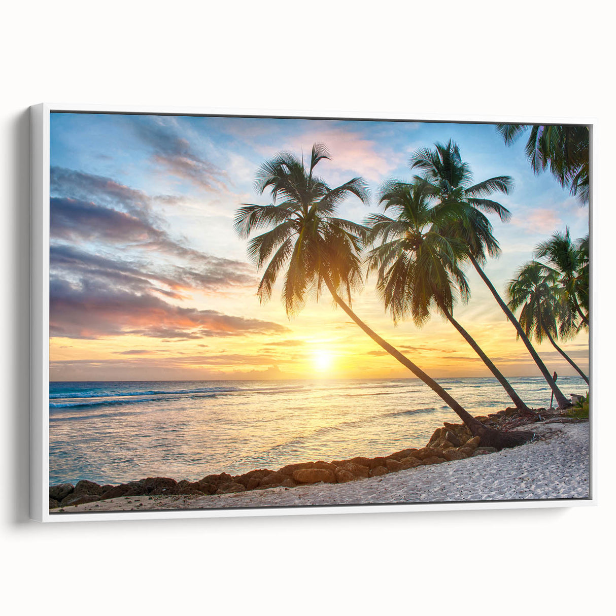 Vintage poster art of a Caribbean Barbados scenery on a framed canvas, featuring vibrant colors, ideal for living room decor.