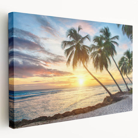 Caribbean beach scene in vibrant blues and greens on a stretched canvas, ideal for kitchen wall art.