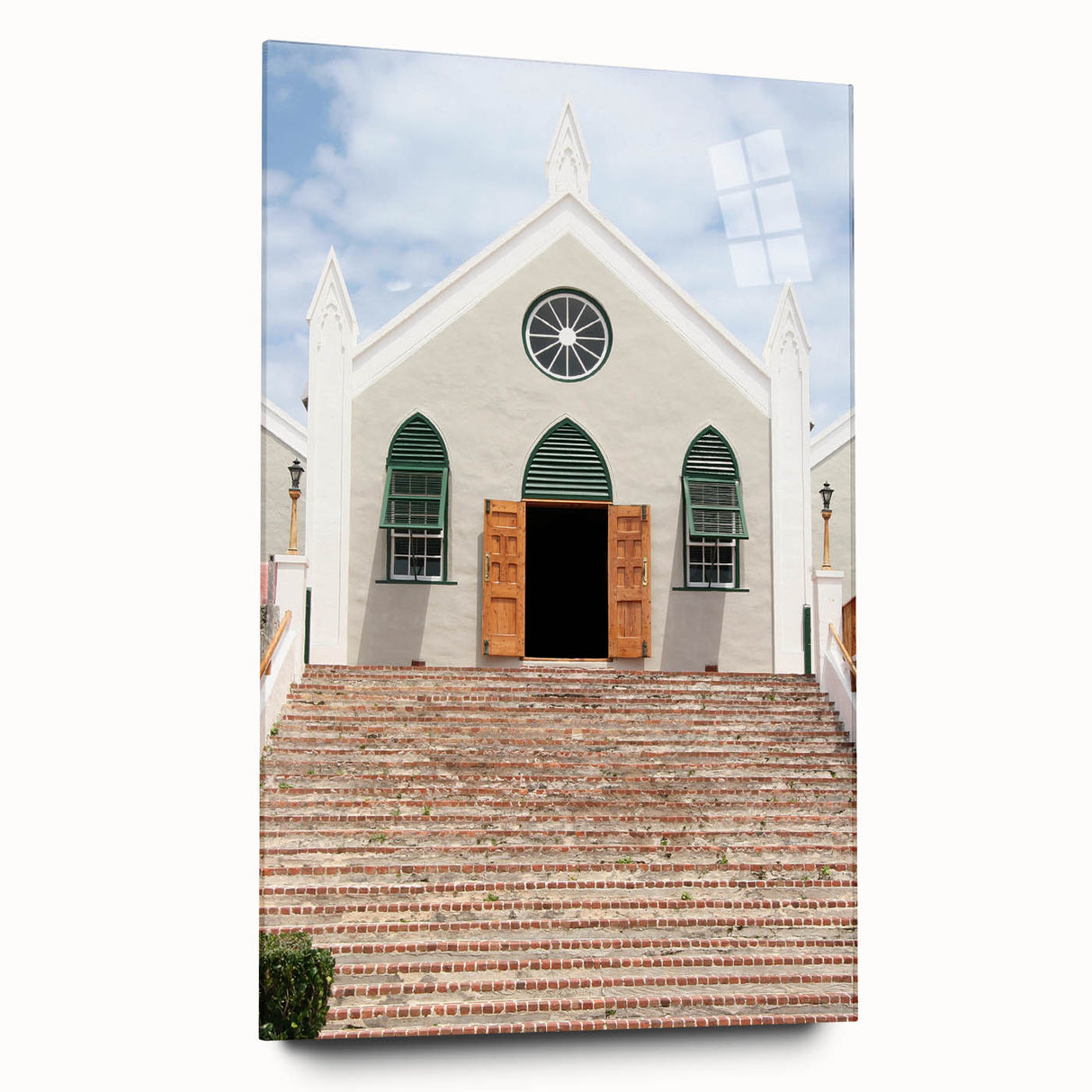 Large abstract wall art on acrylic glass depicting a Caribbean beach scene, with soft blue and sandy hues.