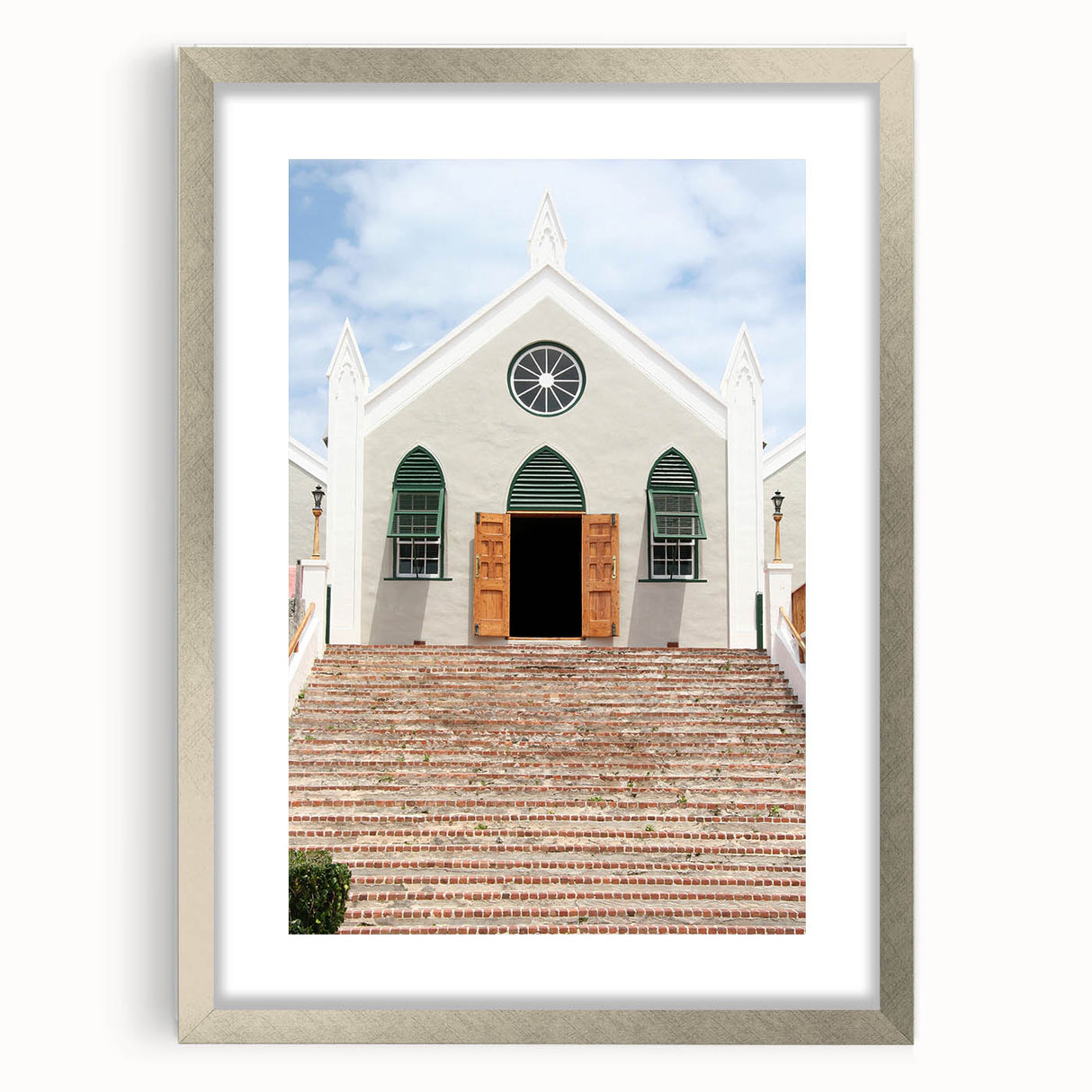 Extra large abstract art print depicting a textured Caribbean scenery in muted blue and green tones.