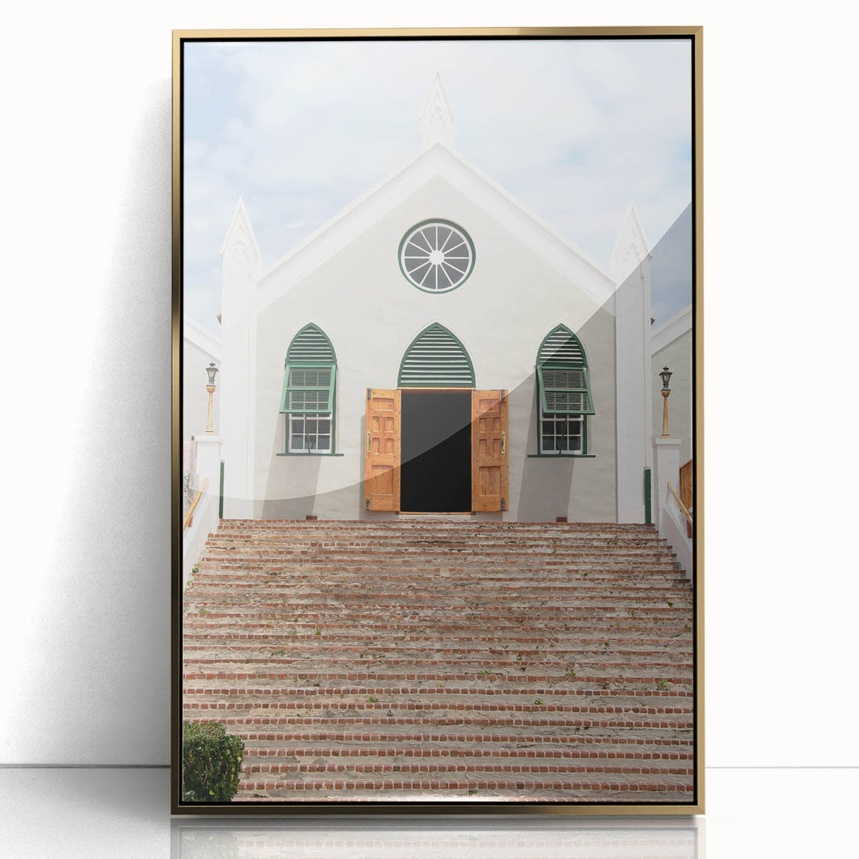 Art Deco poster of a Bermuda Caribbean scenery in gold framed acrylic, suitable for modern nursery wall decor.
