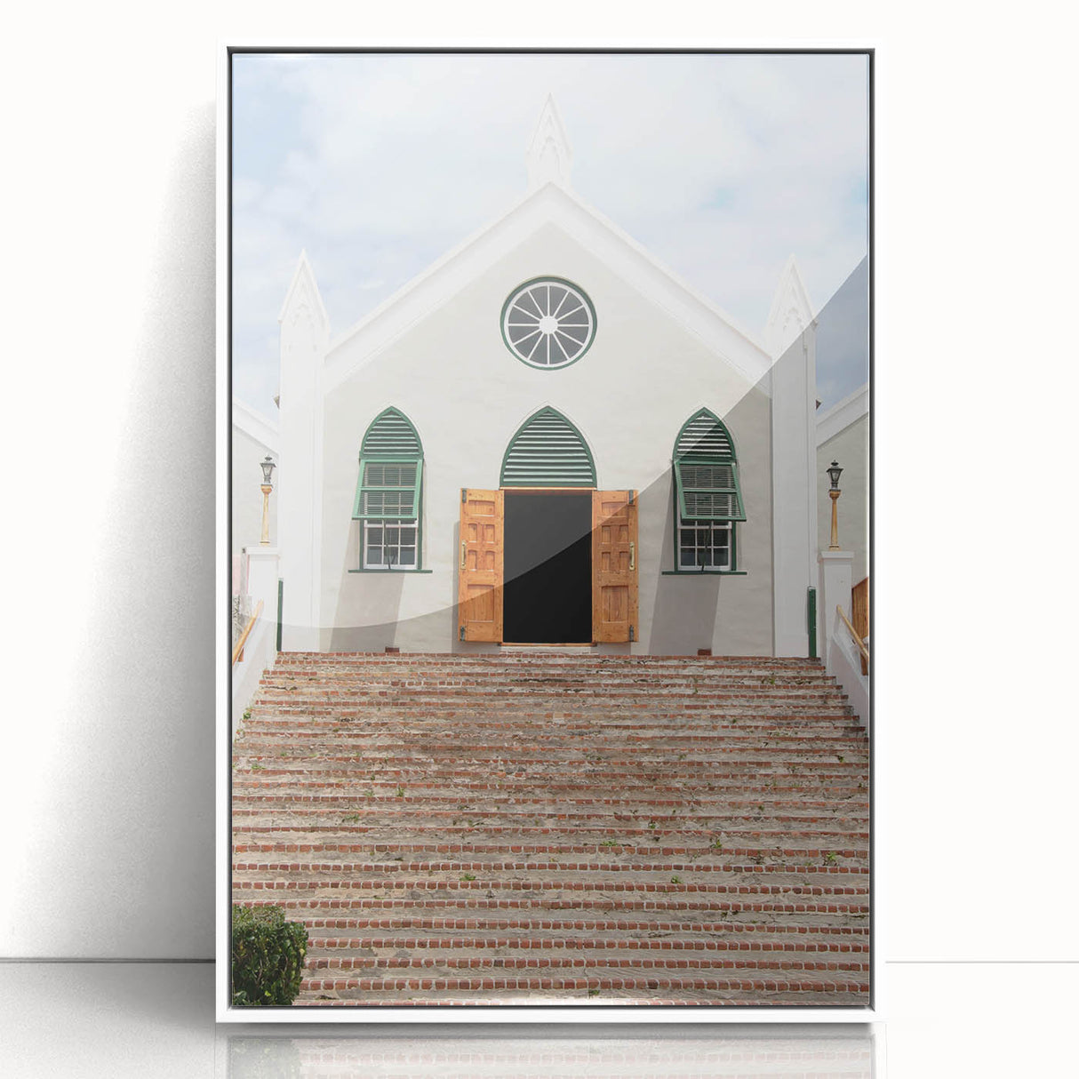 Mid-century modernist art depicting a Caribbean Bermuda landscape, framed in white acrylic, with vibrant ocean and sky tones.