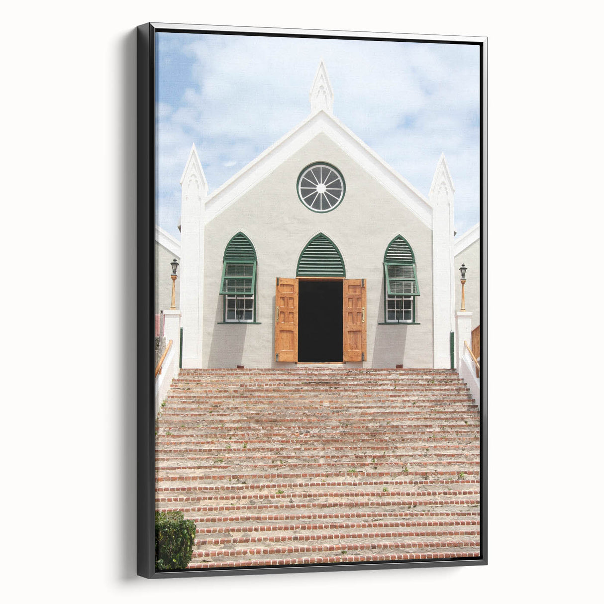 Black and white framed canvas of a Bermuda landscape, ideal for bedroom wall decor.