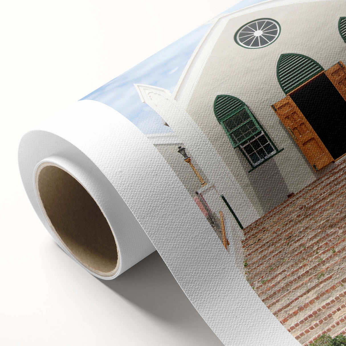 Art deco poster of Caribbean scenery on rolled canvas with vibrant blue and green tones, ideal for nursery wall art.