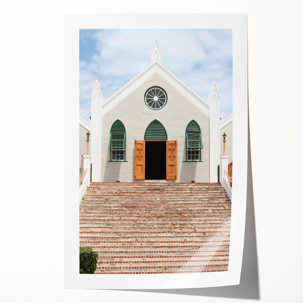 Rolled print of a Bermuda coastal scene with vibrant ocean blues and floral accents, ideal for art wall dining room decor.