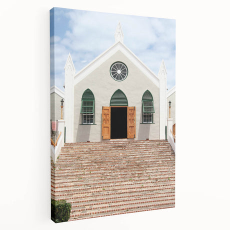 Large art print of a Caribbean scene on stretched canvas, featuring vibrant blue and green hues, ideal for kitchen wall art.