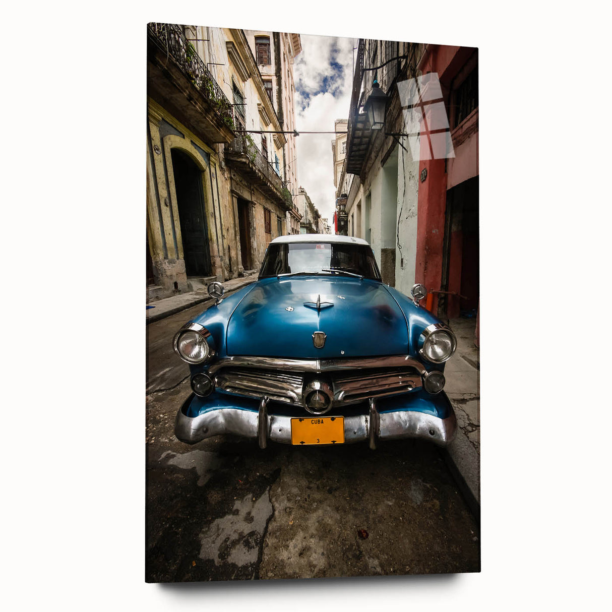 Large abstract wall art of a Caribbean scenery in vibrant blue and green hues on acrylic glass.