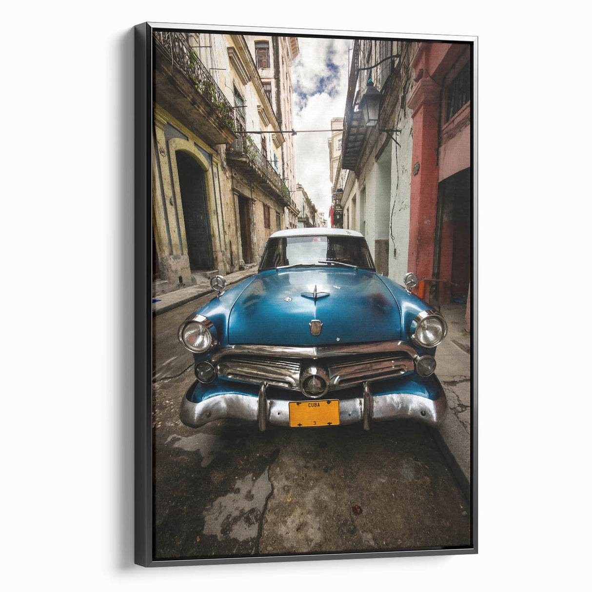 Black and white framed canvas featuring a vintage poster art of a Caribbean landscape, ideal for bedroom wall decor.