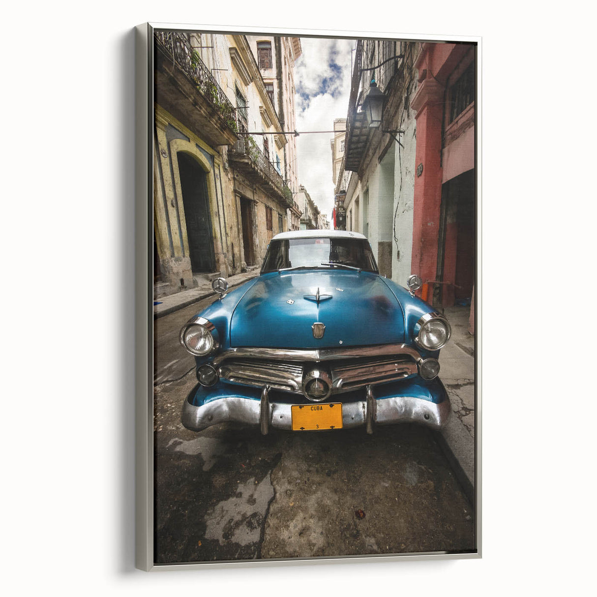 Framed canvas featuring a vintage-style Caribbean landscape painting with vibrant, colorful art and black accents.