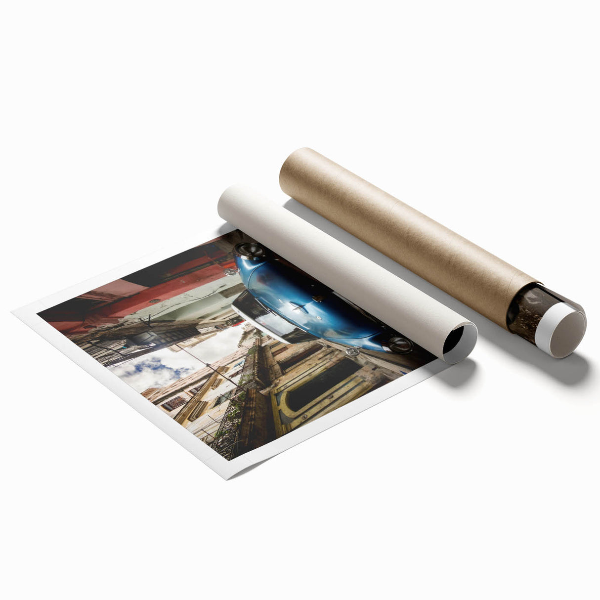 Extra large rolled print of a serene Caribbean landscape with lush florals in soft pastel shades.