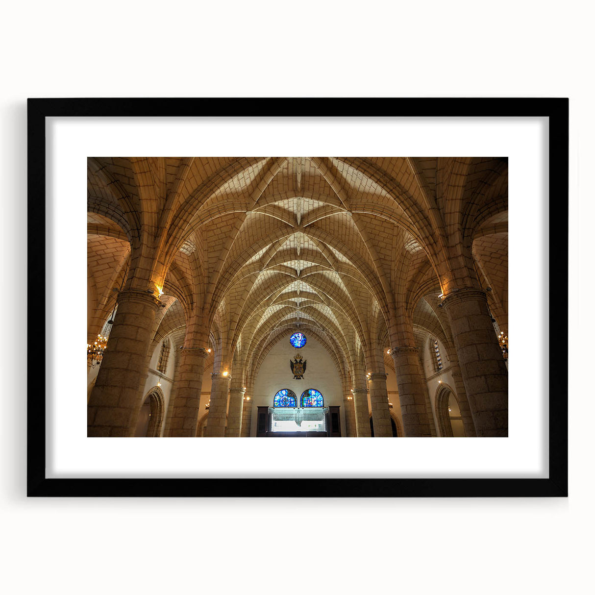 Extra large abstract art print of colorful Caribbean scenery on textured canvas, framed in black.