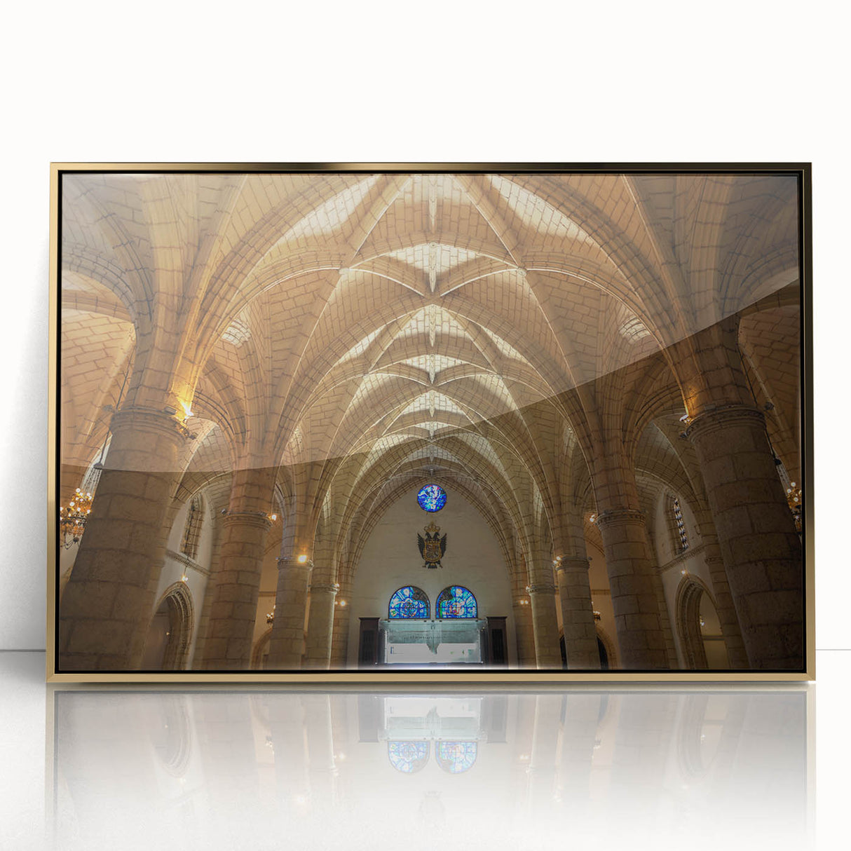 Mid-century modernist art depicting a Caribbean scenery on a framed acrylic, featuring pastel blue and pink tones.