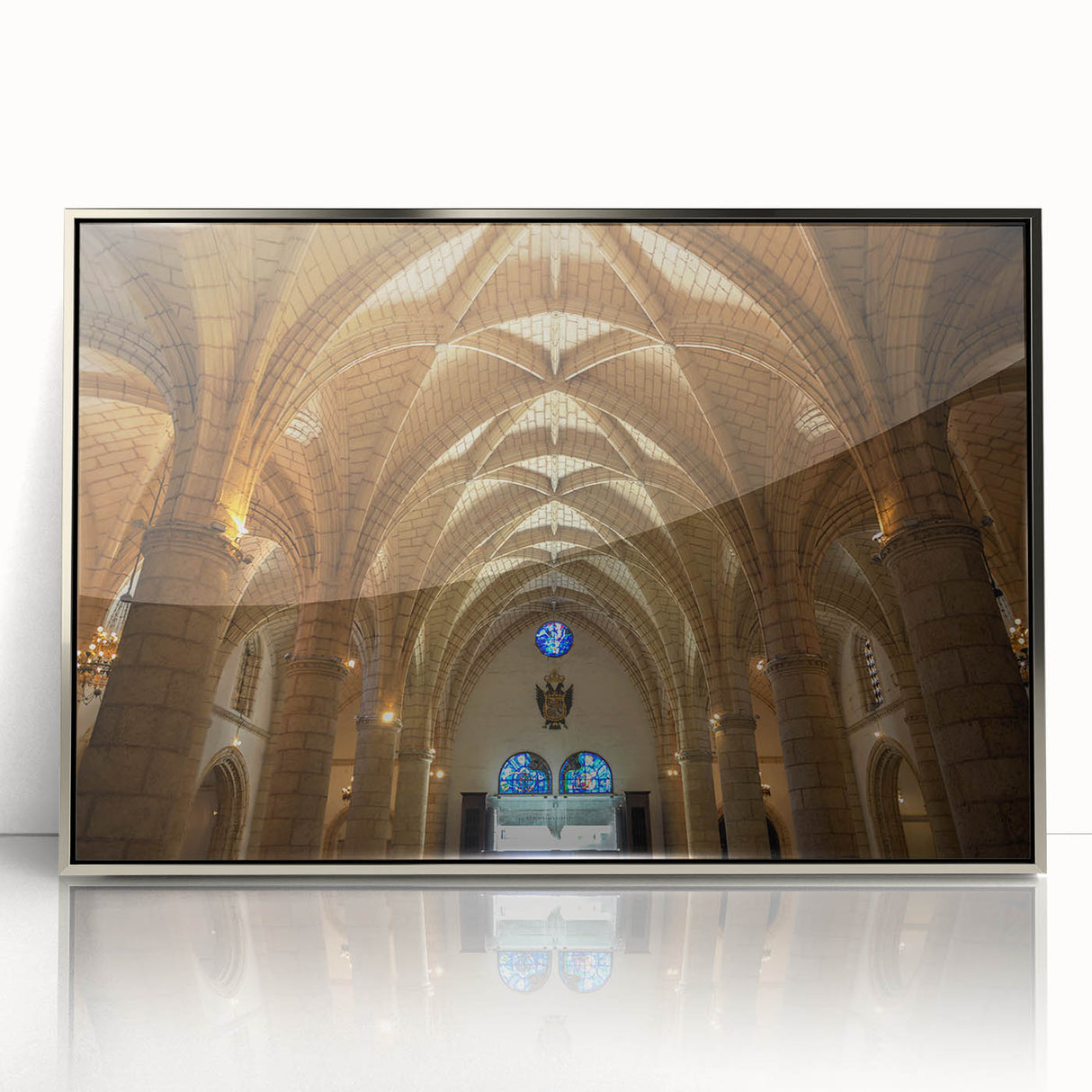 Art deco poster featuring a Caribbean beach scene in muted blues and greens on a framed acrylic.