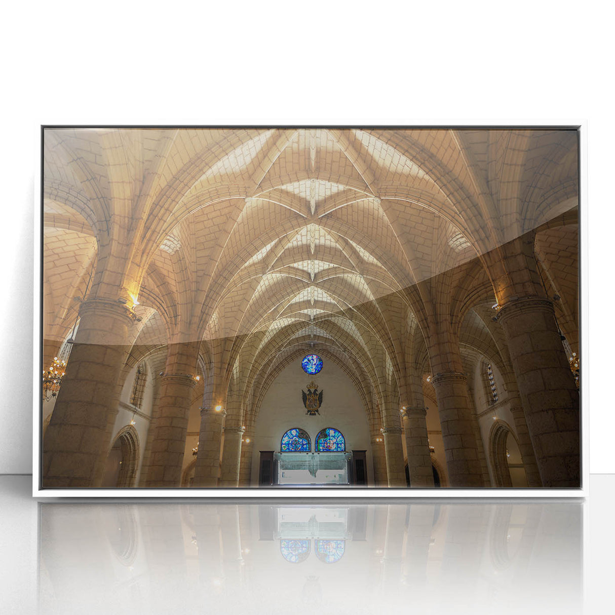 Framed acrylic print of a Caribbean scenery with gentle blue and green tones, ideal for modern art wall decor.