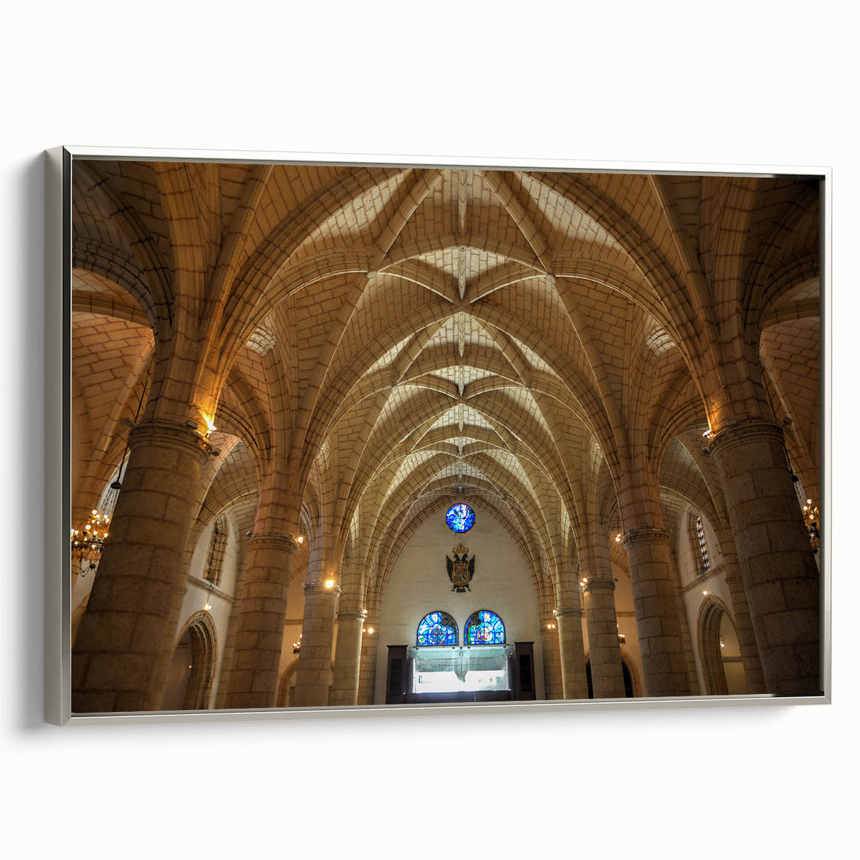 Landscape art painting of a Caribbean scene on framed canvas, featuring vibrant blue and green tones.