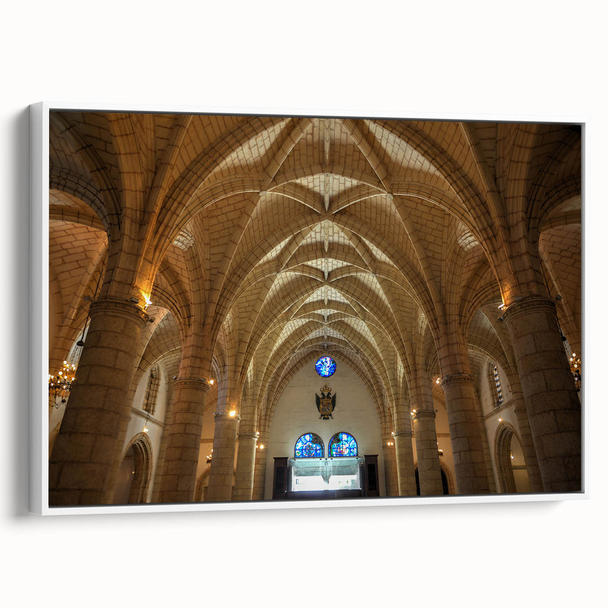 Framed canvas of a vintage poster featuring a colorful Caribbean scenery, ideal for extra large living room wall art.