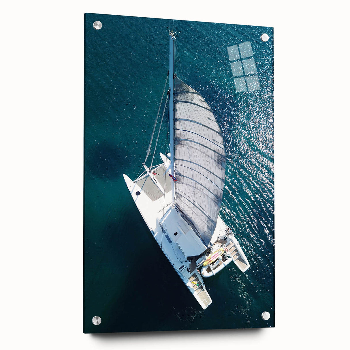 Acrylic print of a Caribbean scenery with vibrant blue and green tones, ideal for dining room decor.