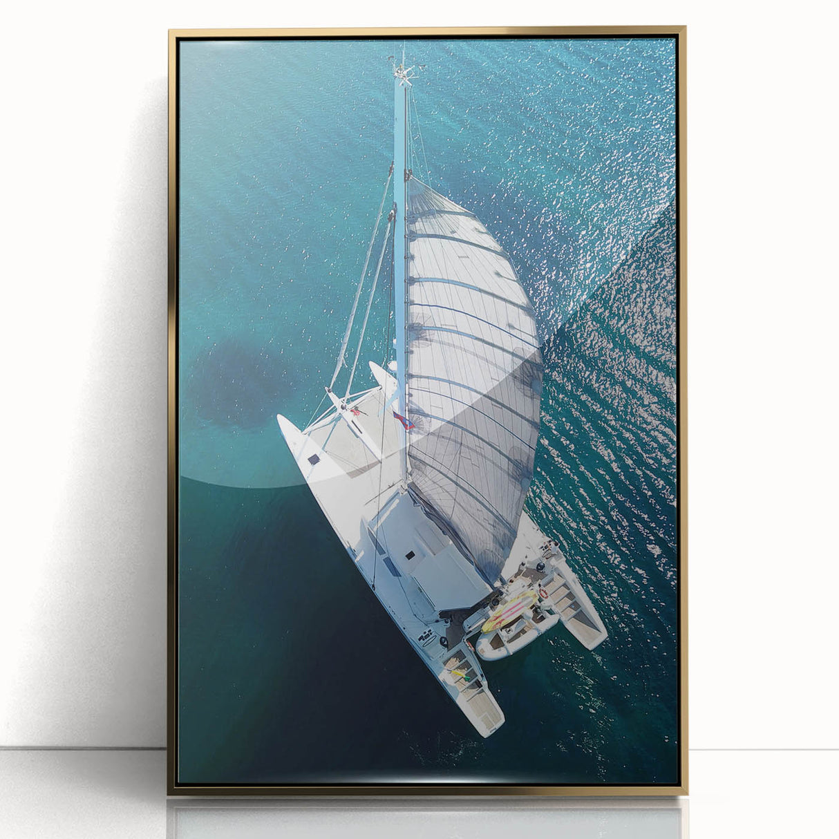 Mid-century modernist art depicting a Caribbean scenery in muted gold and blue tones on a framed acrylic.