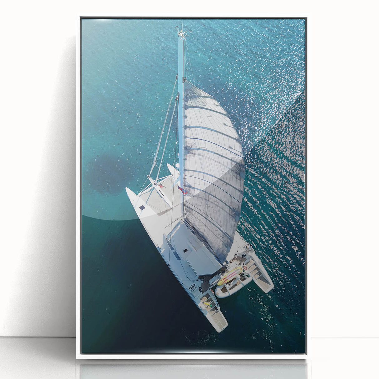 Framed acrylic print of a Caribbean seascape featuring vivid blue and green tones, ideal for modern art wall decor.