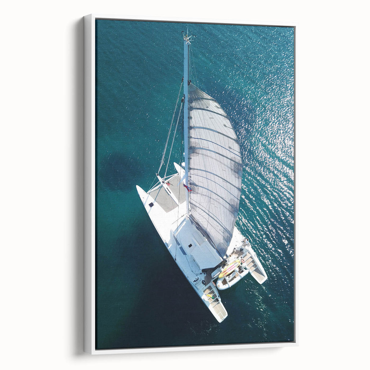 Landscape art painting of a Caribbean beach on framed canvas, featuring vibrant blue and white tones.