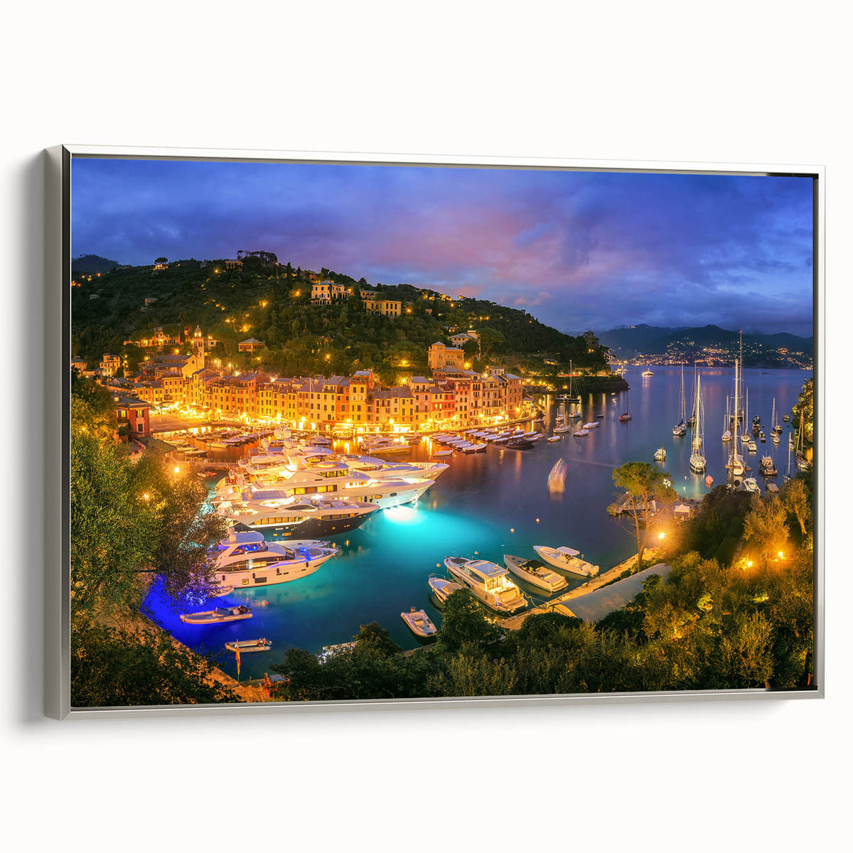 Landscape art painting of Portofino, Italy in vibrant colors on a framed canvas, ideal for living room decor.