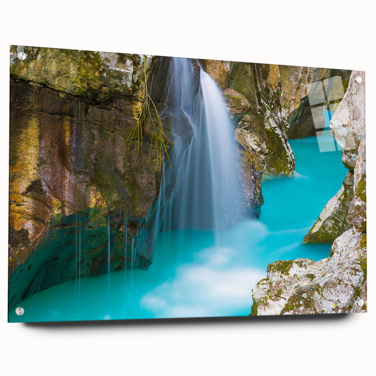 Acrylic print of a Slovenian landscape, featuring greens and blues, ideal for dining room decor.