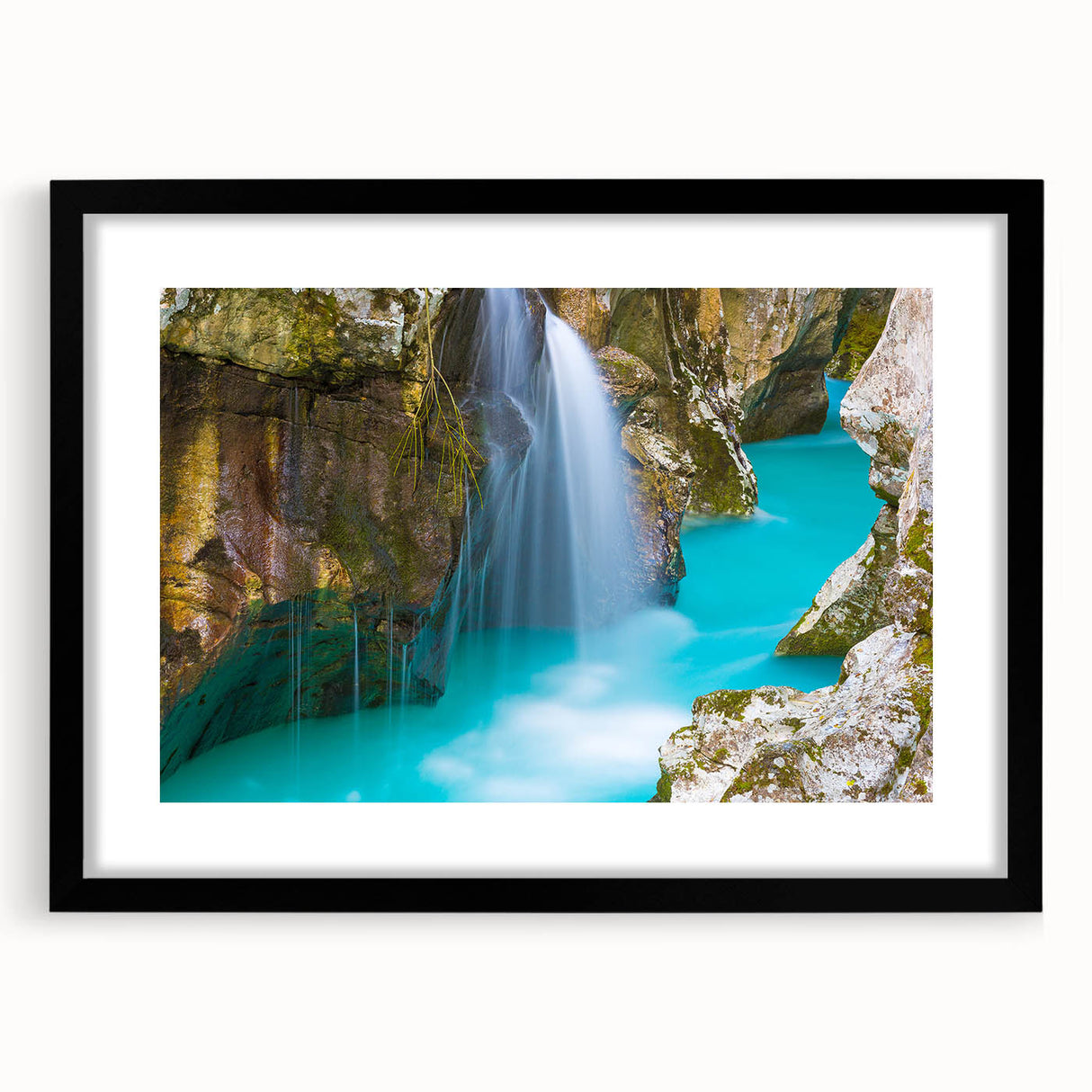 Extra large abstract art print depicting colorful, textured scenery of Slovenia, in a black frame with mat.